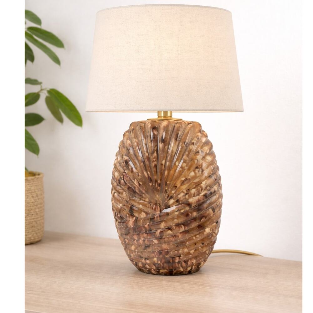 Vintage 70s Shell Table Lamp Coastal Seashell Brass Base 18"
